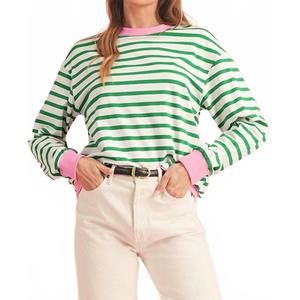 NEW SHEWIN stripe pullover with trim sweatshirt in green/white